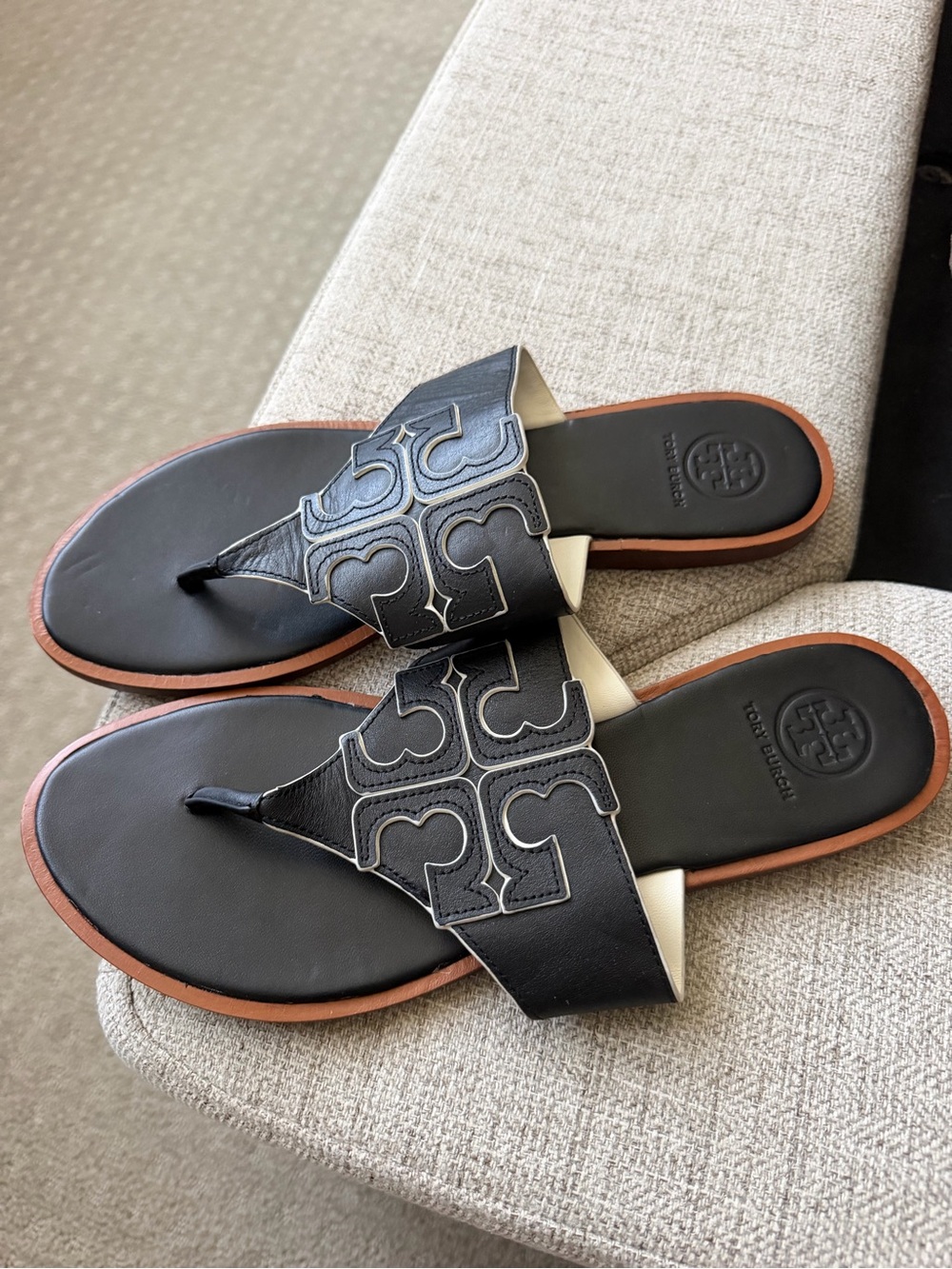 Tory Burch Black Logo Appliqué Thong Sandals